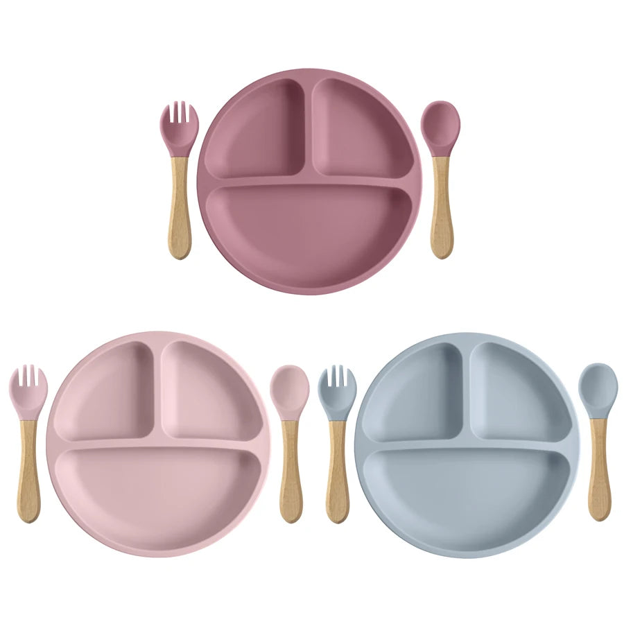 Divided plates in mauve, light pink and grey blue