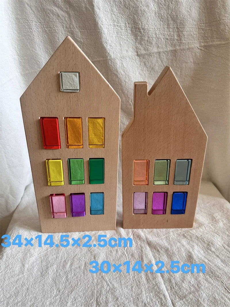 Wooden buildings with colorful transparent blocks on a textured surface