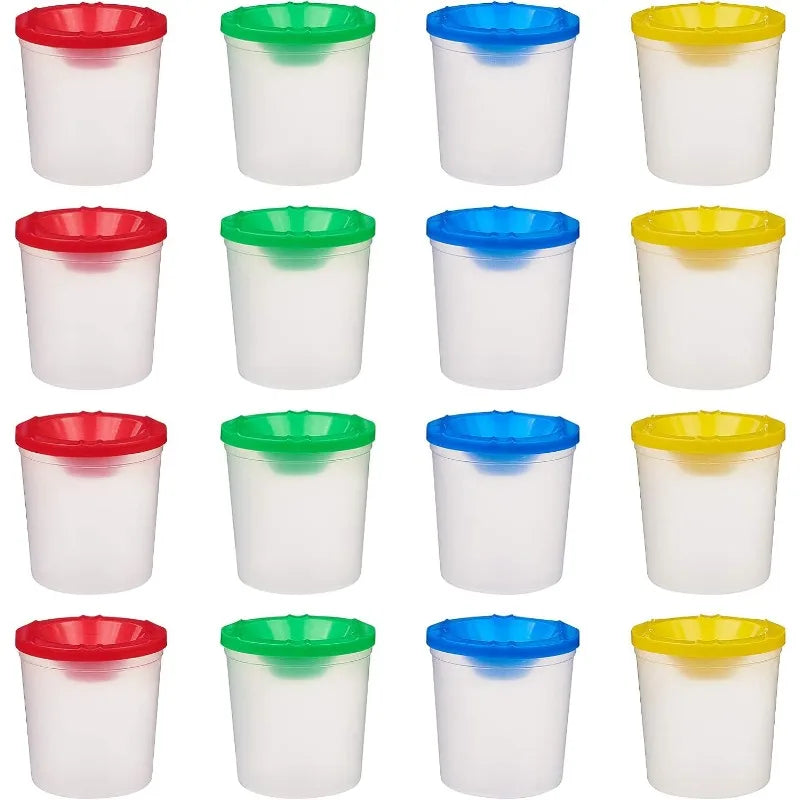 20 Pcs No Spill Plastic Paint Cups, perfect for mess-free painting sessions, featuring vibrant lids and built-in brush holders, ideal for young artists and creative play.