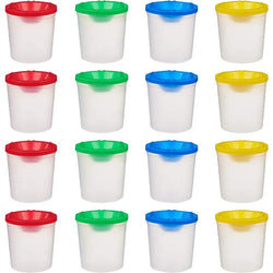 20 Pcs No Spill Plastic Paint Cups, perfect for mess-free painting sessions, featuring vibrant lids and built-in brush holders, ideal for young artists and creative play.