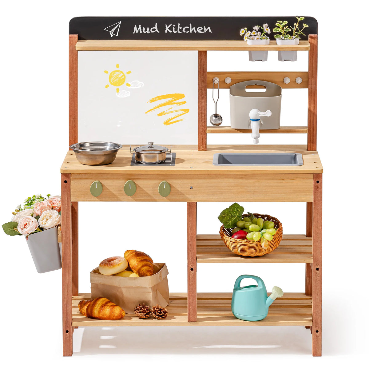 Wooden Outdoor Mud Kitchen with Chalkboard and Sink