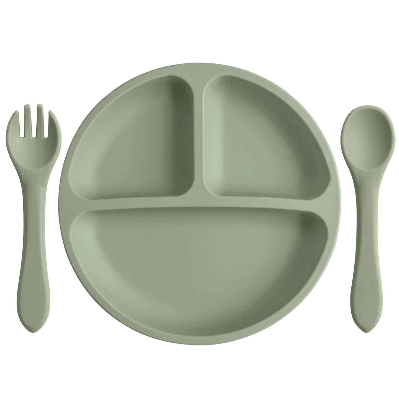 Sage round divided plate with matching spoon and fork