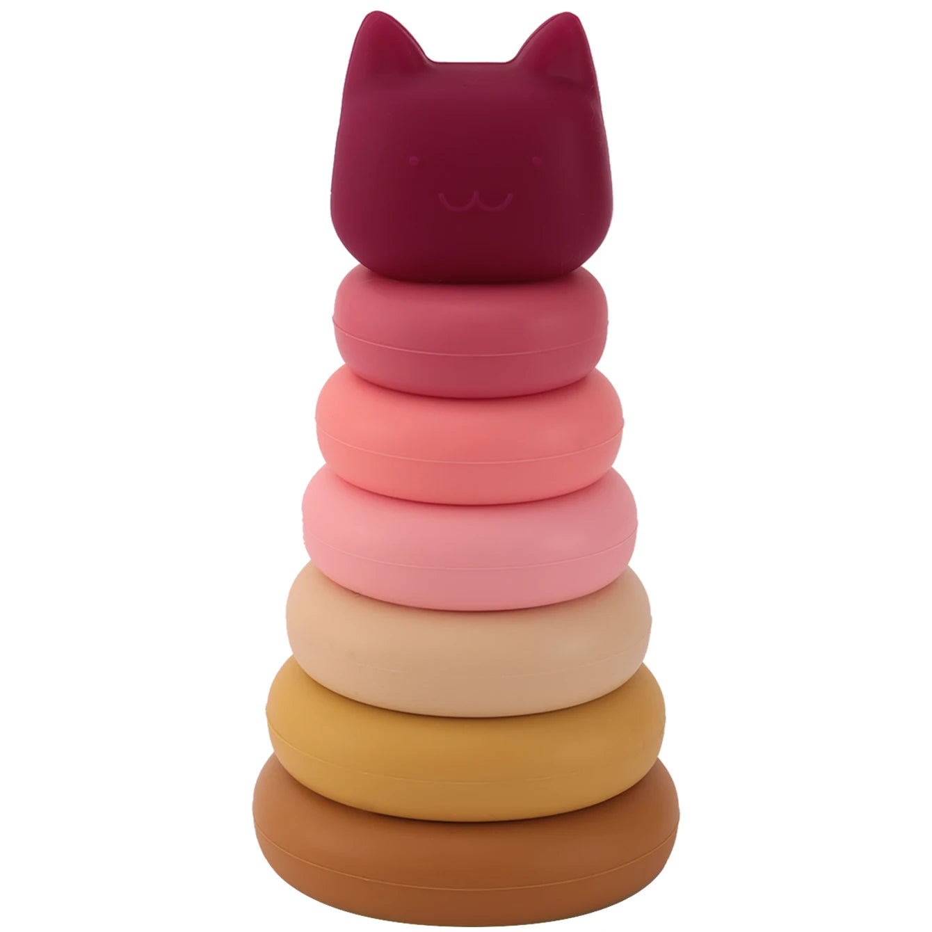 Stack of colorful rings with a cat-shaped top on a white background