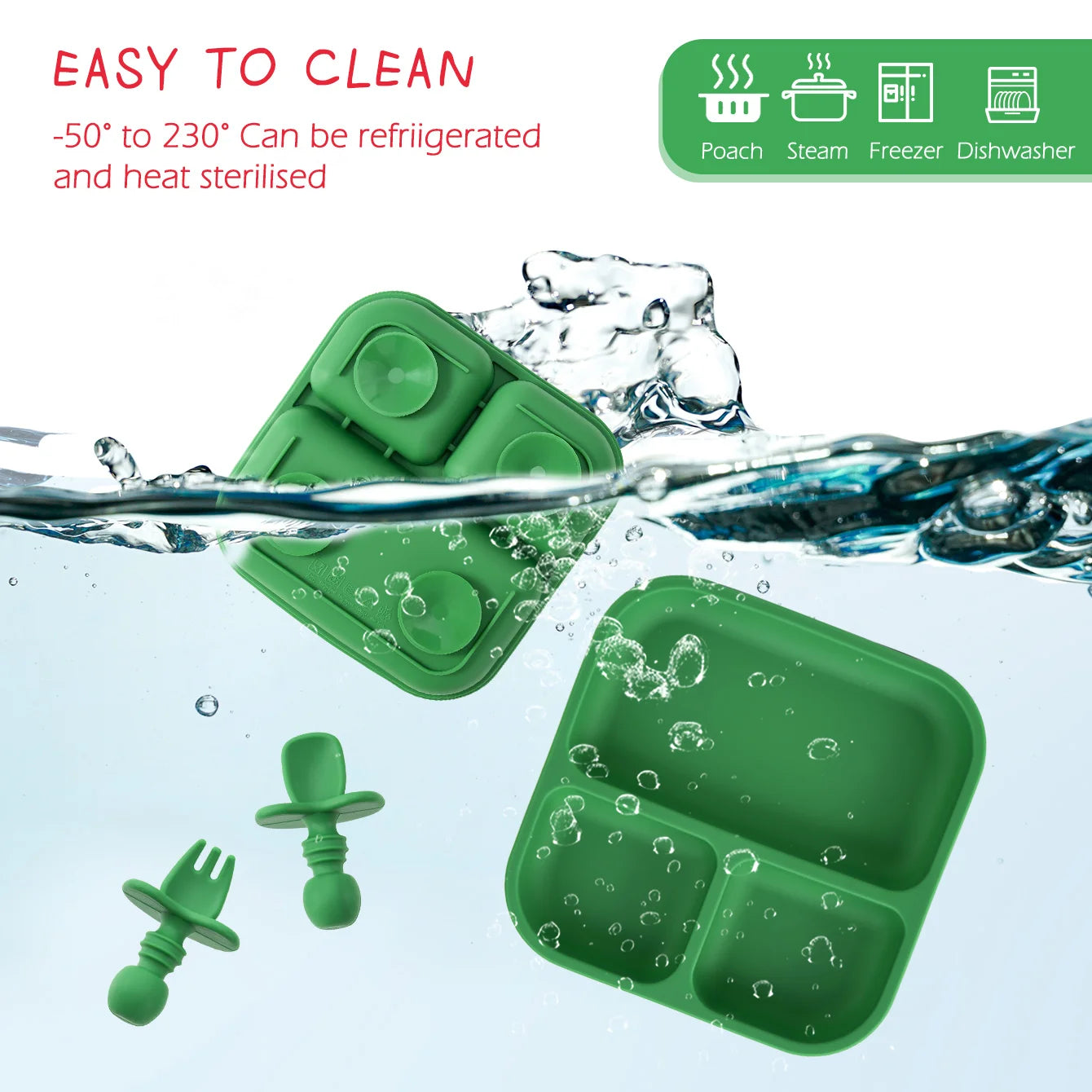 Green silicone plate set shown in water, refrigerator and sterilizer safe icons
