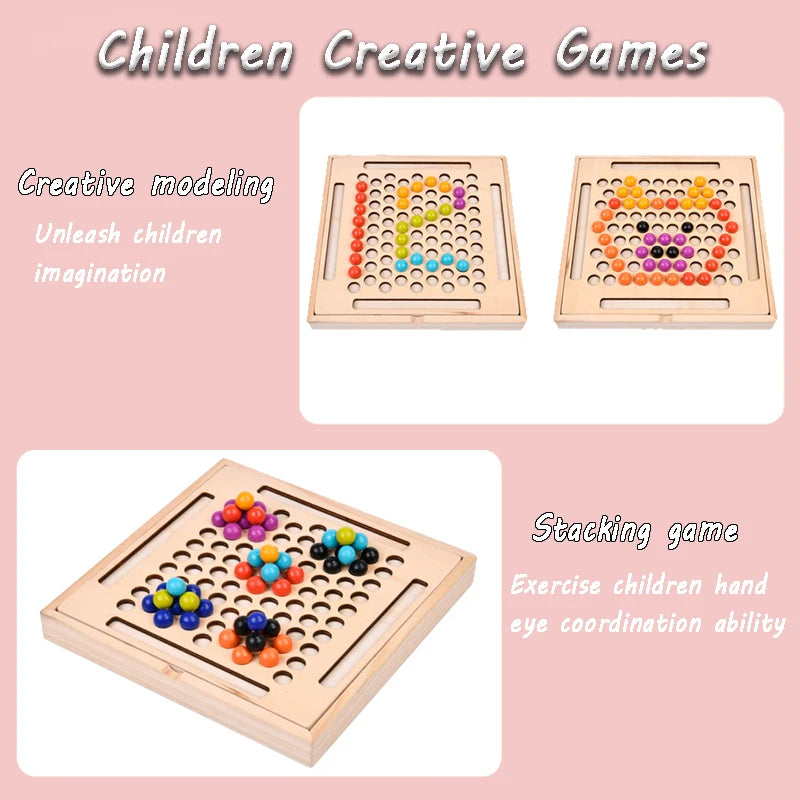 Wooden educational toys with colorful beads on a pink background, labeled as 'Children Creative Games'.