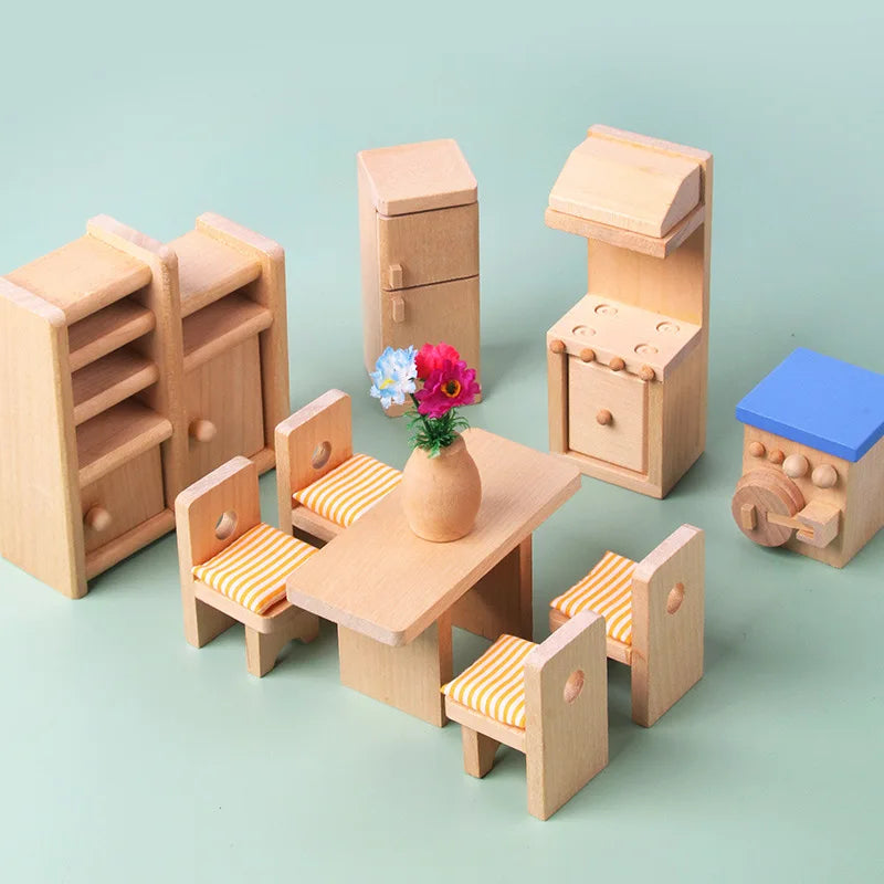 Set of wooden toy furniture including chairs, table, and cabinets on a light green background
