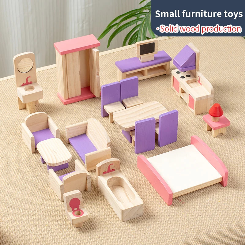 Set of small wooden furniture toys on a beige surface with a plant in the background.