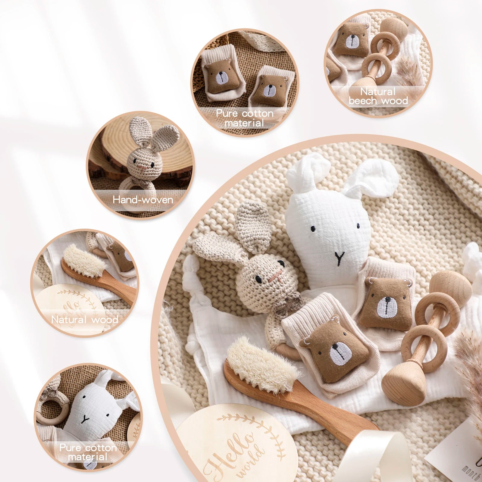 Baby toy set with rabbit design and wooden items on a white background