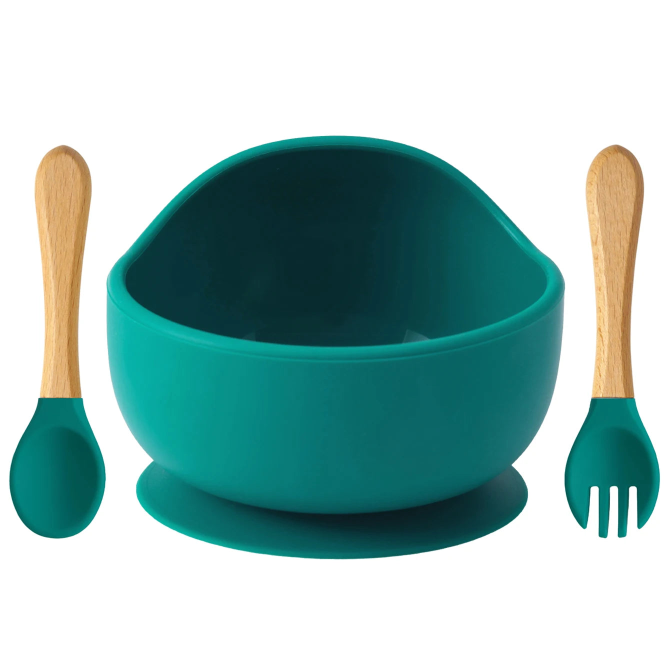 Teal silicone suction bowl with wooden spoon and fork