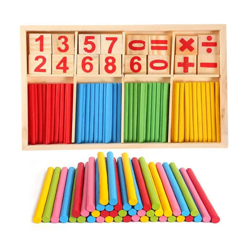 Wooden educational toy set with number blocks and colorful sticks on a white background