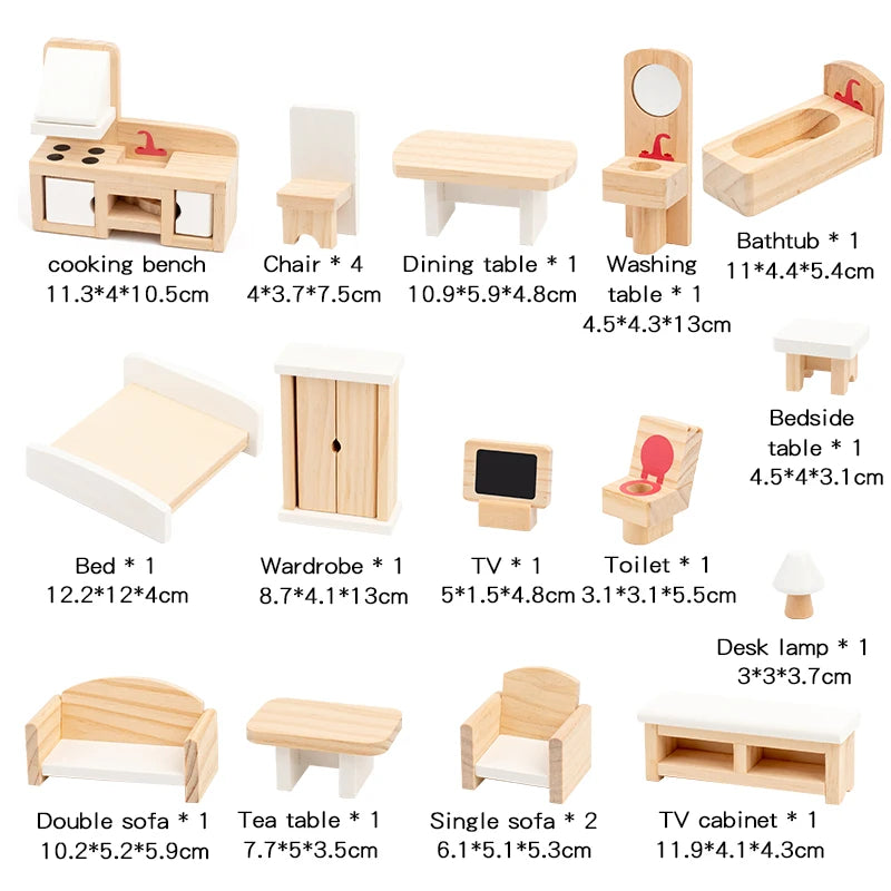 Set of wooden toy furniture pieces with dimensions on a white background