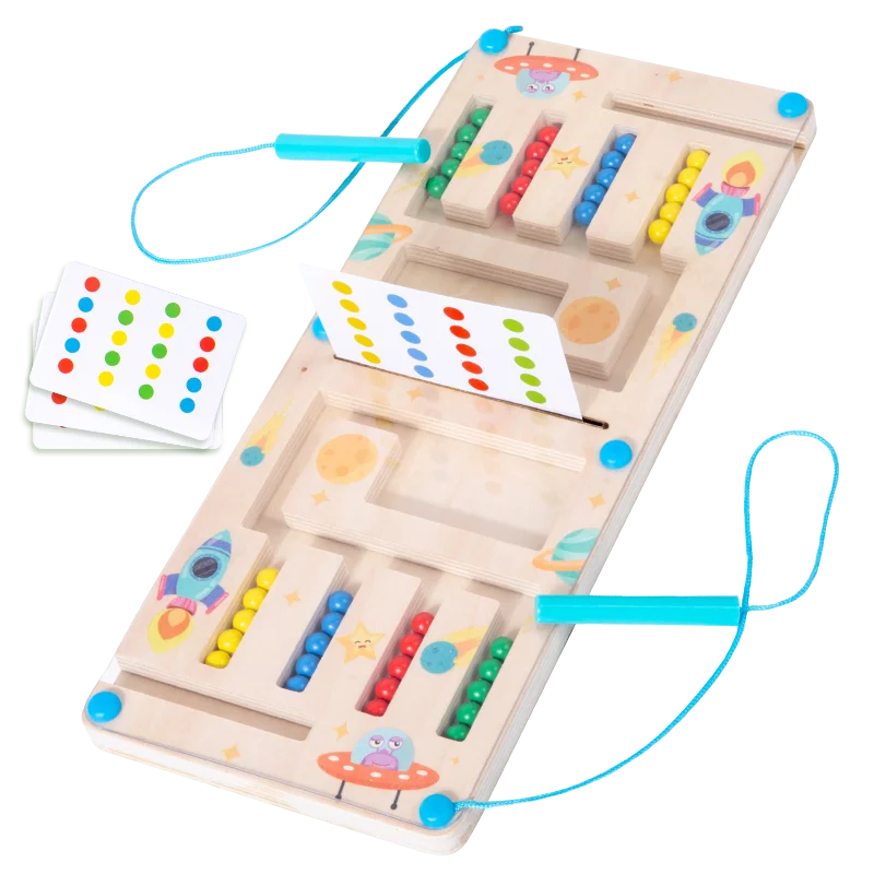 Wooden educational toy with colorful beads and cards on a white background