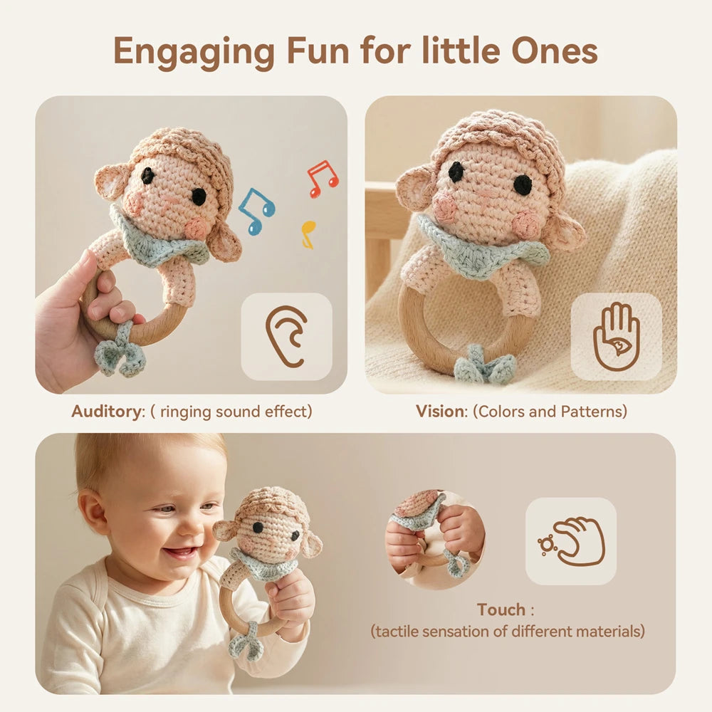 Handmade Crochet Sheep Rattle with Wooden Ring - Oliver & Company