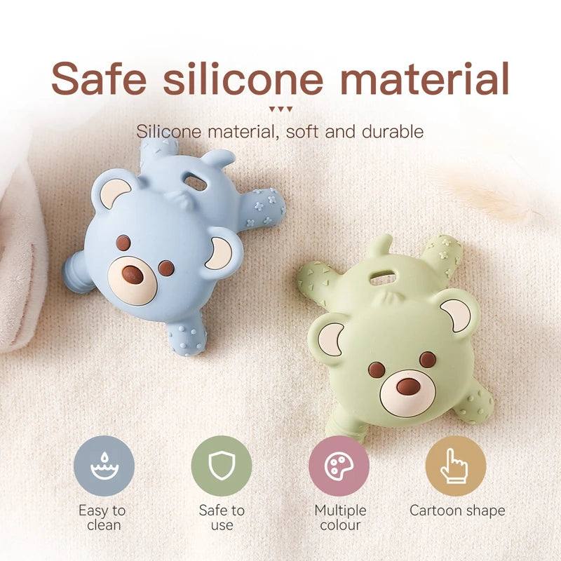 Two silicone bear-shaped toys with text highlighting safe material and features on a beige background.