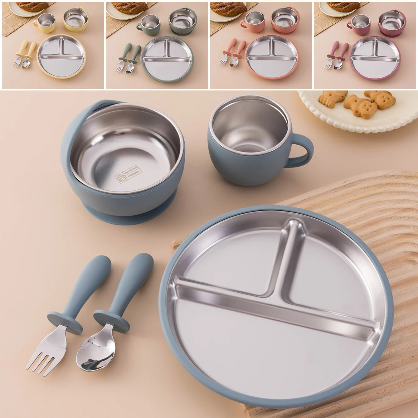 5-Piece Stainless Steel Silicone Baby Feeding Set with Cup | Oliver Montessori Toys