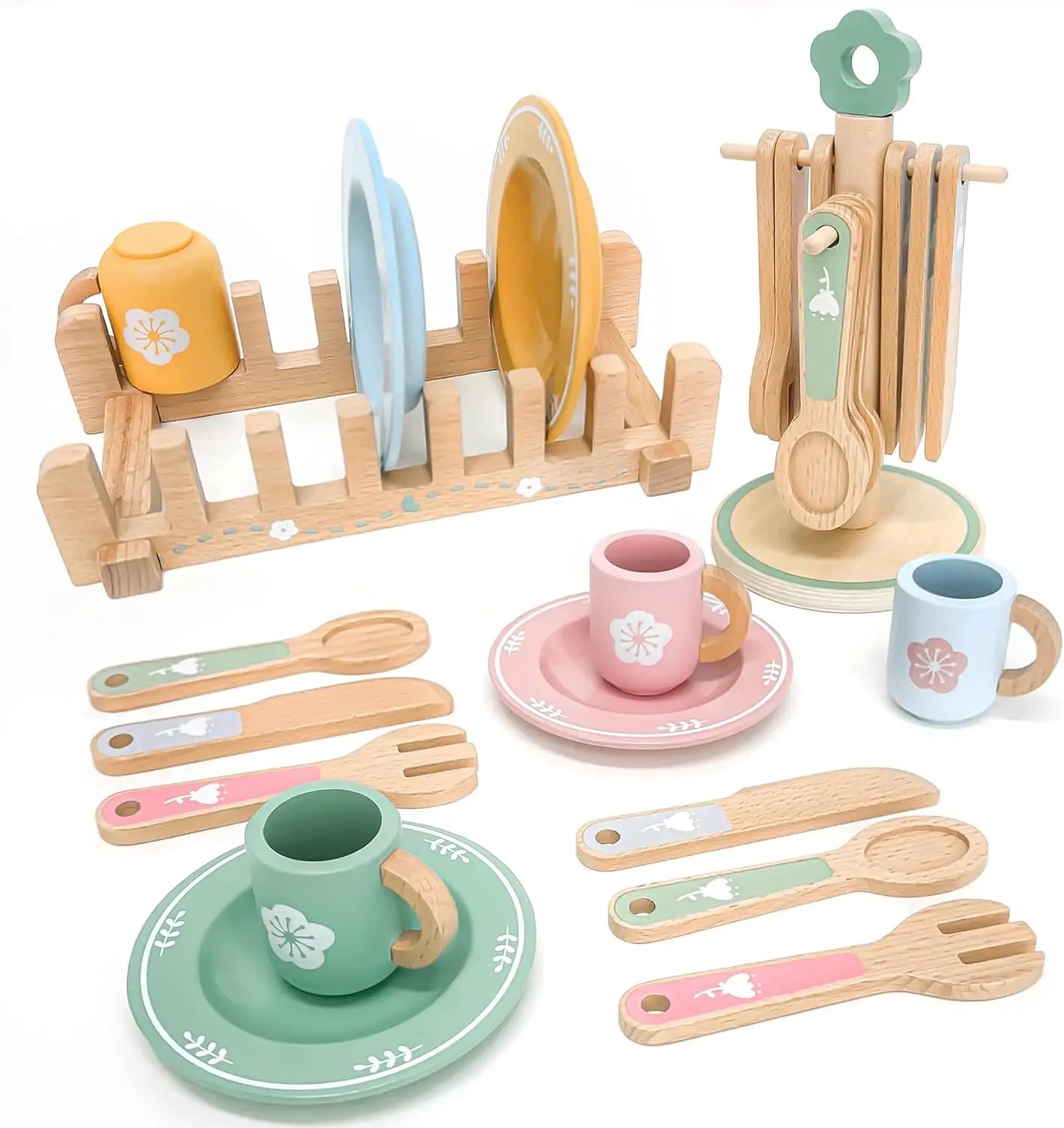 Set of wooden toy dishes and utensils with pastel colors on a white background