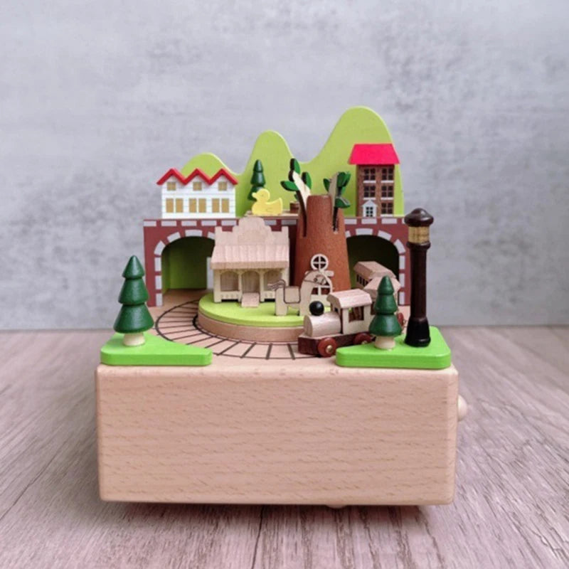 Wooden Forest Train Music Box – Wind-Up Clockwork Village Scene | Oliver & Company Montessori Toys