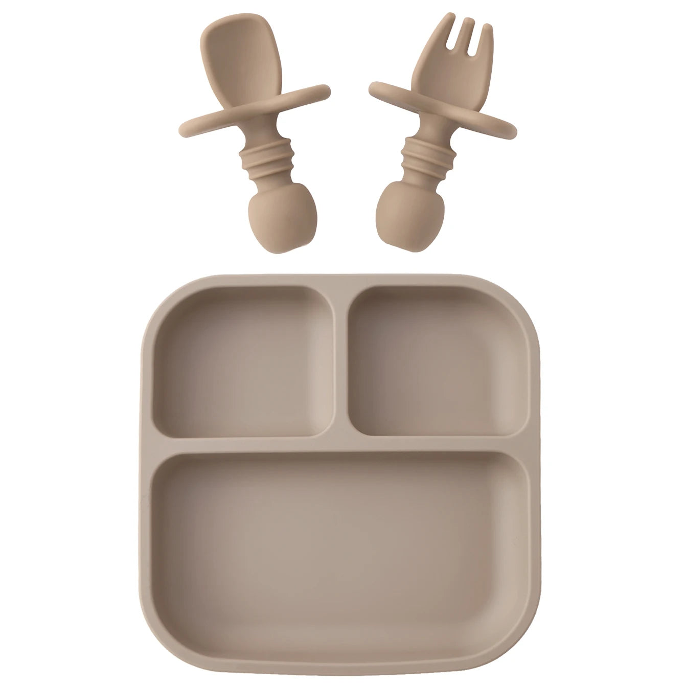 Beige children's plate with two matching spoons and a fork on a white background