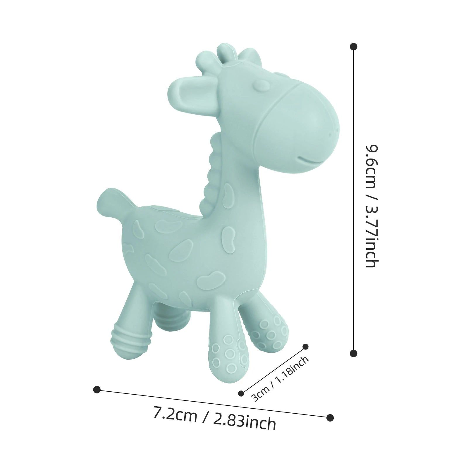 Teal giraffe-shaped toy with measurements on a white background