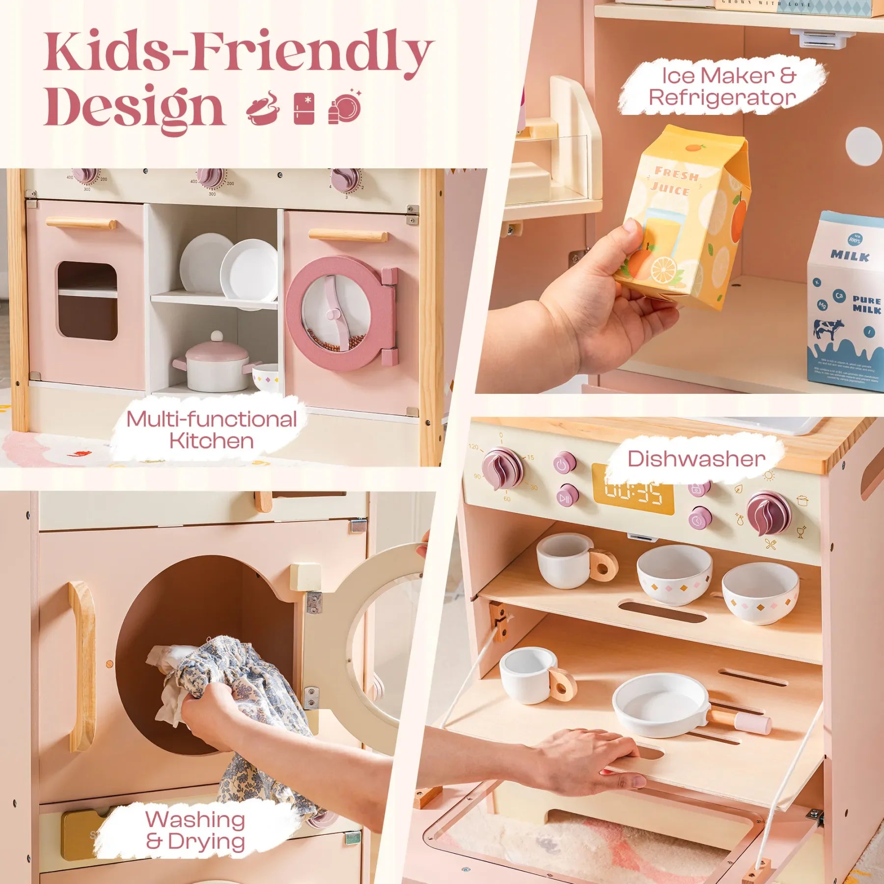 Children's play kitchen set with various appliances and a hand interacting with it.
