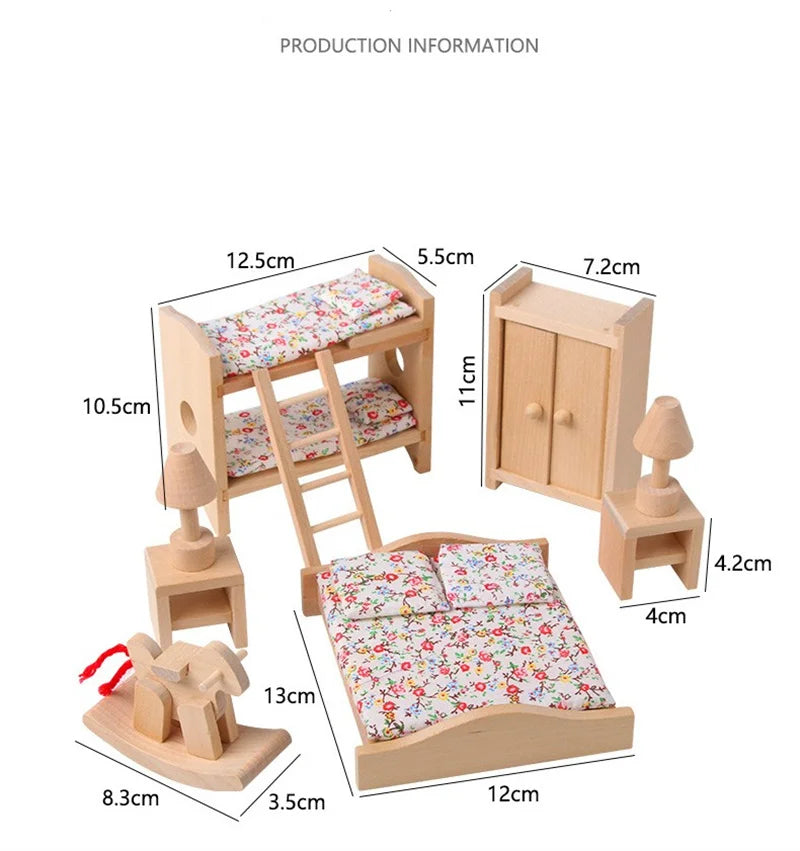 Wooden dollhouse furniture set with dimensions on a white background