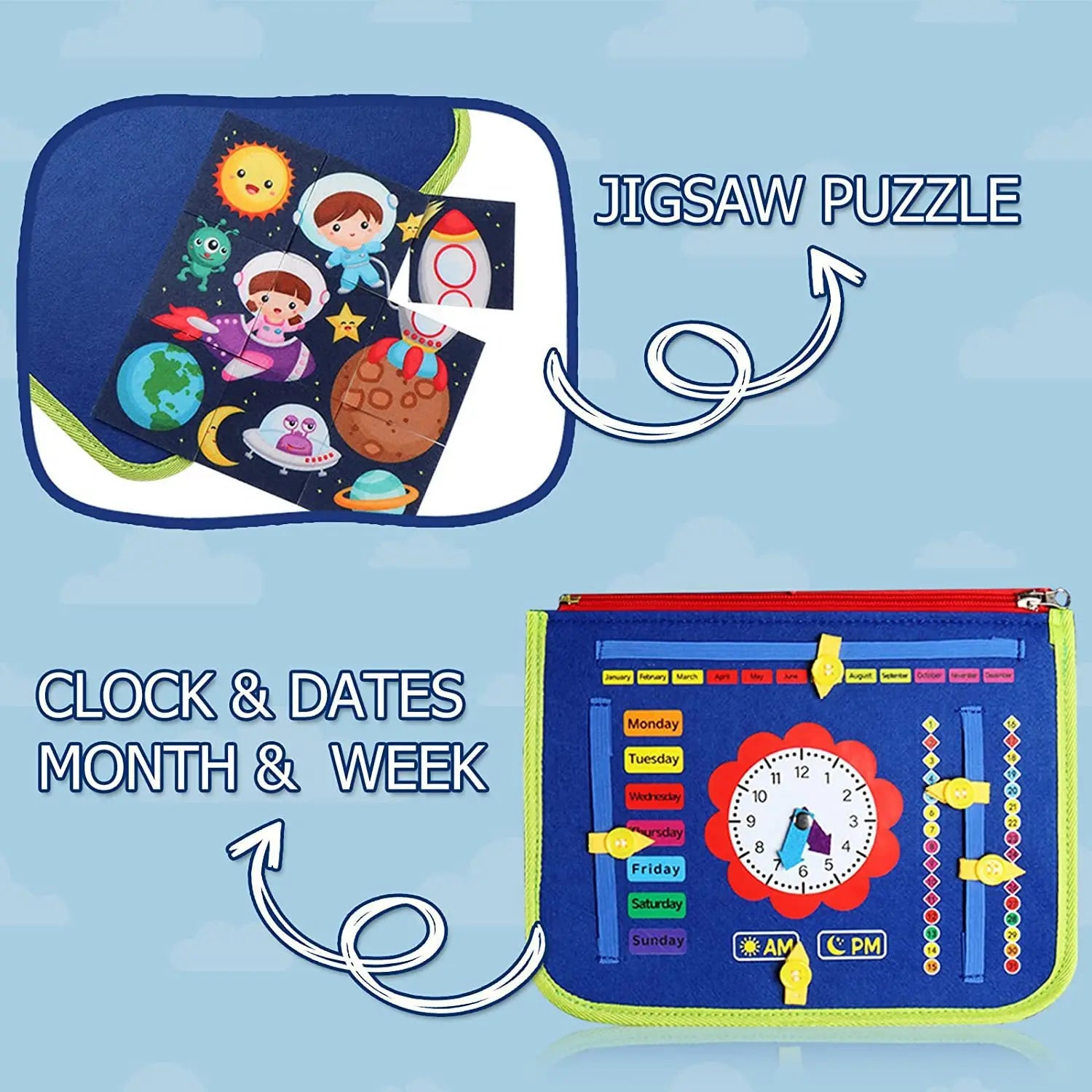 Educational toy with jigsaw puzzle and clock design on a blue background