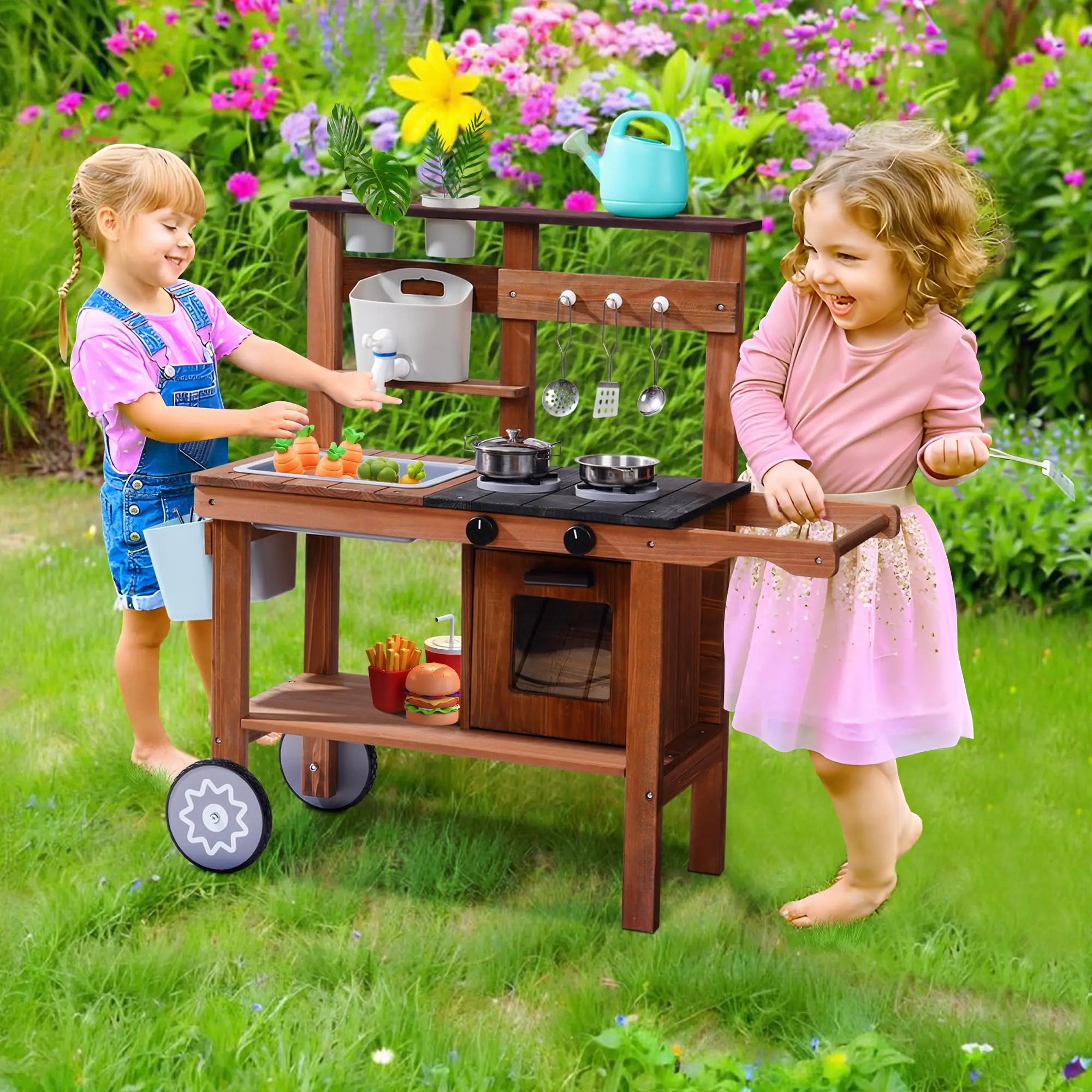 Wooden Mud Kitchen with Wheels - Outdoor Play Kitchen on Cart
