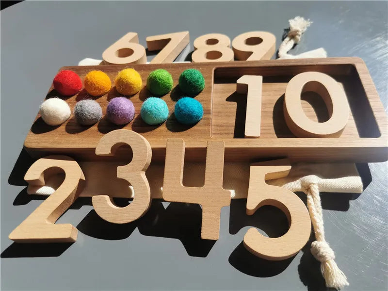 Wooden Montessori Counting Board Sets – Walnut Frame, Number Tiles & Felt Balls