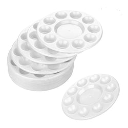 15pcs Round Paint Tray Palettes - 10 Wells, White Plastic, stacked neatly, showcasing durable design for easy handling and versatile use in children's art activities.