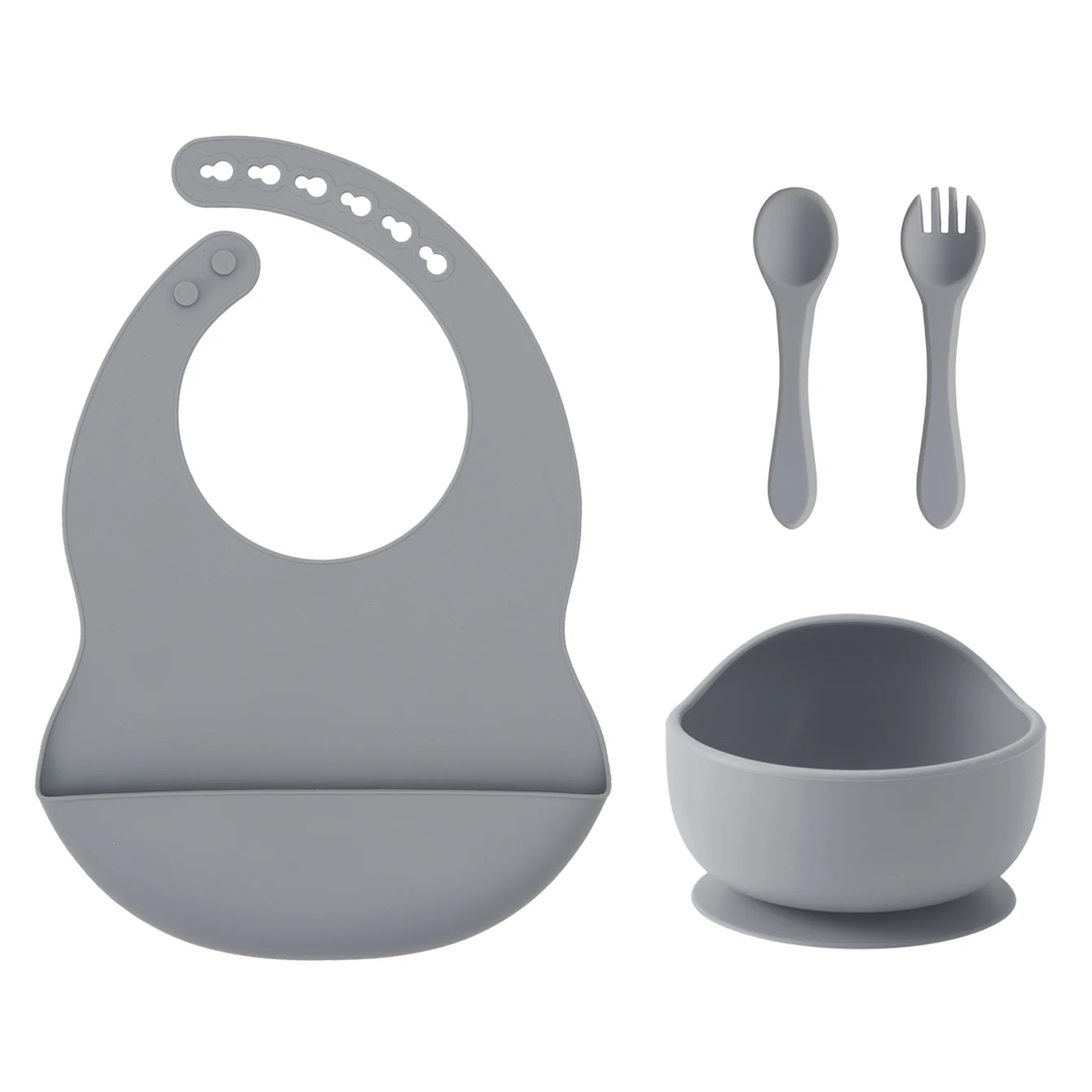 Pebble silicone bib, suction bowl, spoon and fork set