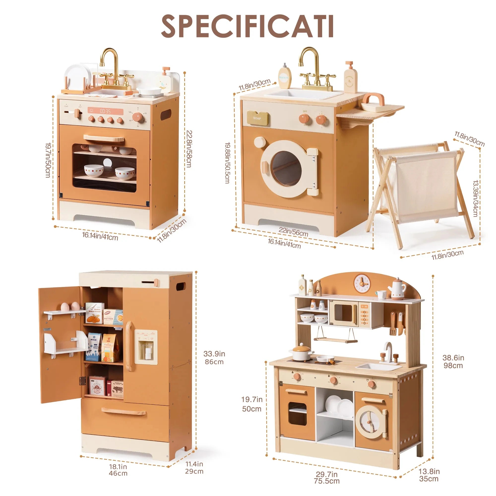 Wooden Play Kitchen Set - Kitchen, Dishwasher, Refrigerator & Washing Machine