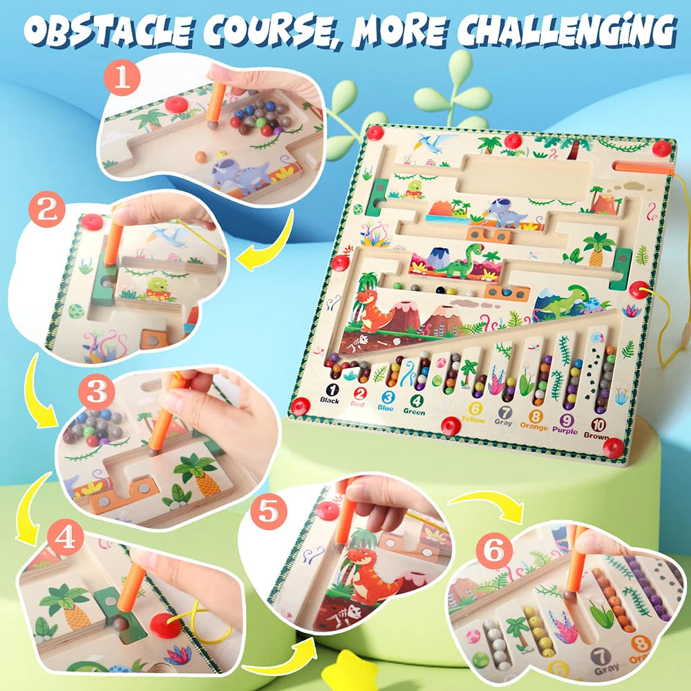 Children's maze toy with colorful illustrations and text indicating a more challenging obstacle course.