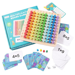 Multiplication Board Game with removable blocks and cards, designed for interactive math learning for children aged 3 to 8.