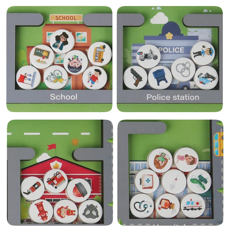 Four educational boards with icons labeled 'School', 'Police station', 'Farm', and 'Doctor's office' on a green background. Magnetic Sorting Game - Rescue & City Maze | Oliver Montessori Toys