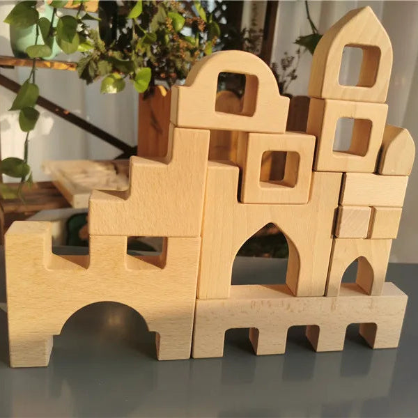 Wooden building blocks shaped like a castle on a reflective surface with plants in the background