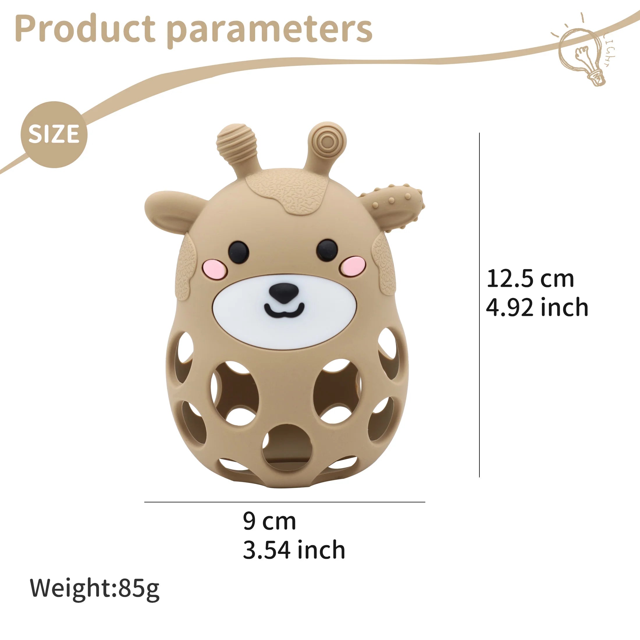 Brown animal-shaped toy with measurements and weight on a white background