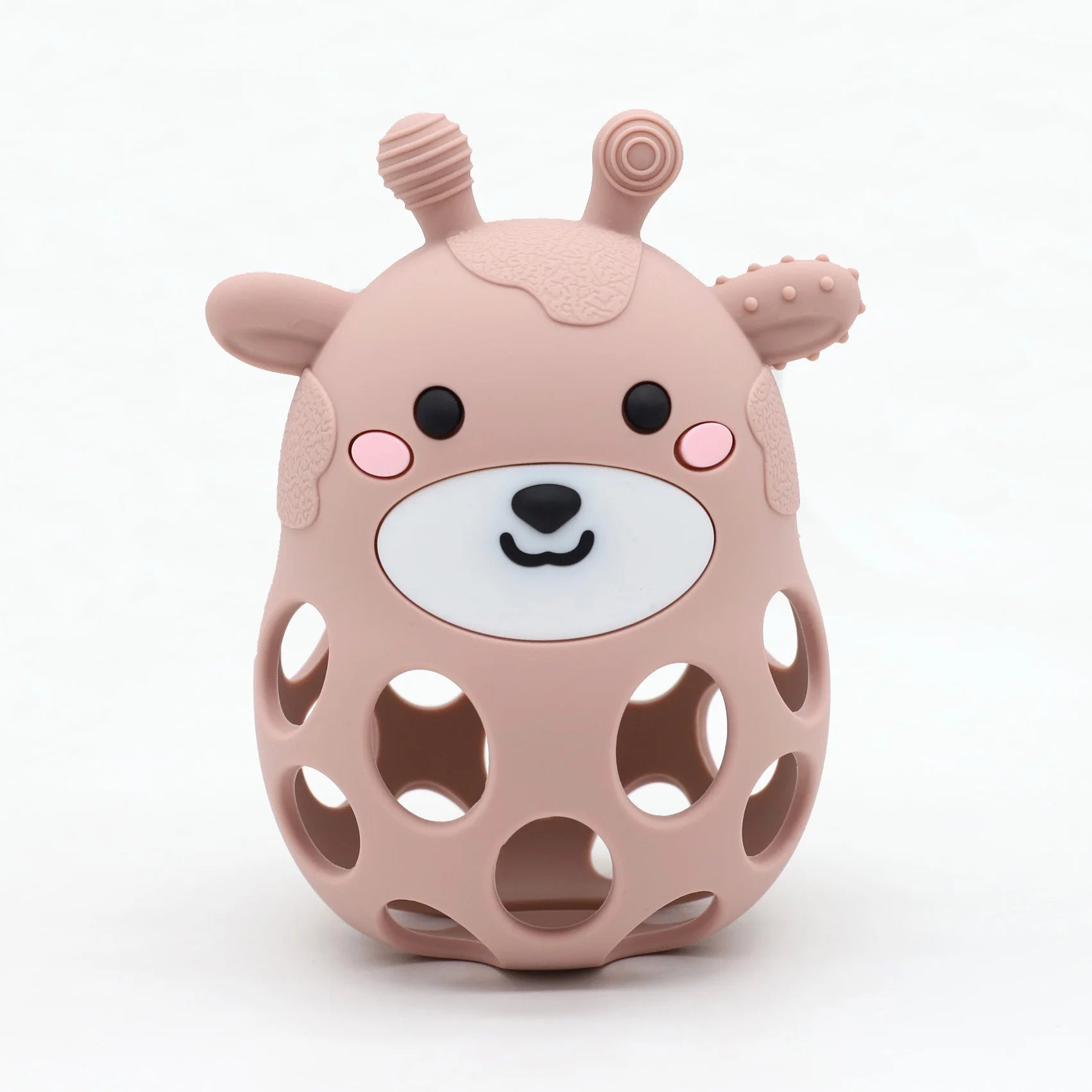Pink silicone teething toy with a bear design on a white background