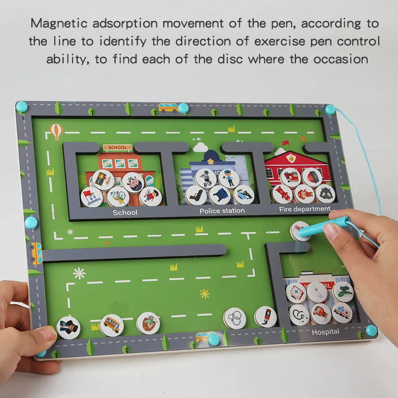 Educational toy with magnetic吸附 movement of a pen on a green board with icons. Magnetic Sorting Game - Rescue & City Maze | Oliver Montessori Toys