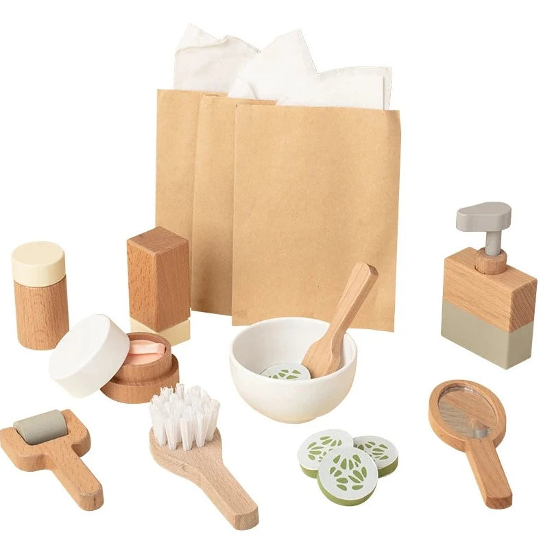 Spa Beauty Mask Set featuring wooden toys including a bowl with spoon, hand mirror, and brush, designed for children's creative role play and pretend spa activities.