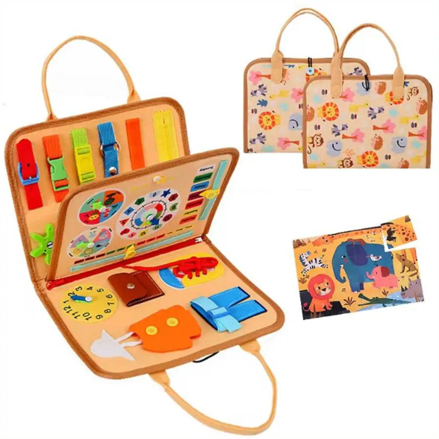 Children's educational toy set with colorful compartments and a small puzzle on a white background