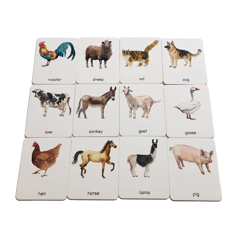 Montessori Farm Animals 3 Part Cards with Bamboo Tray 