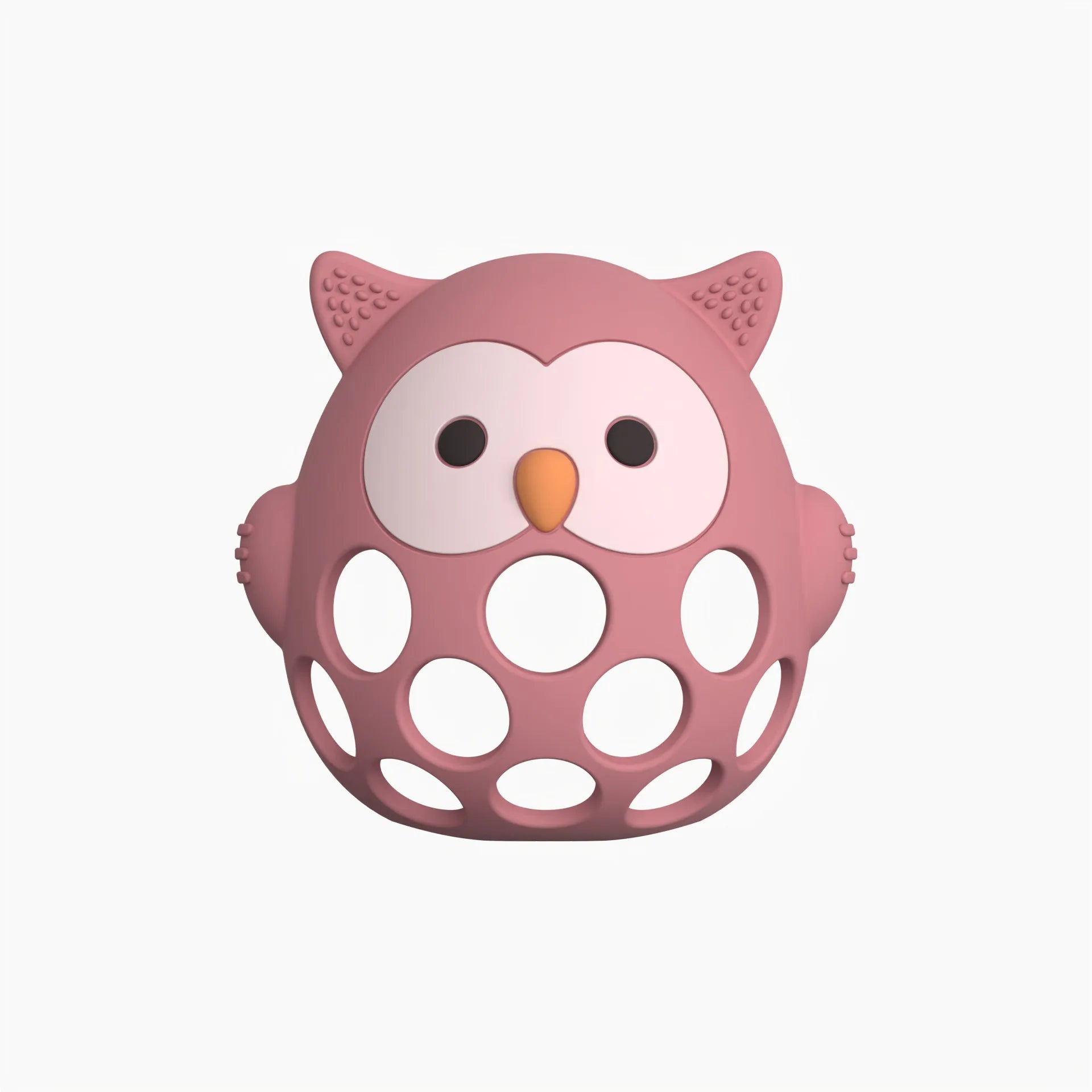 Pink owl-shaped teething toy on a white background