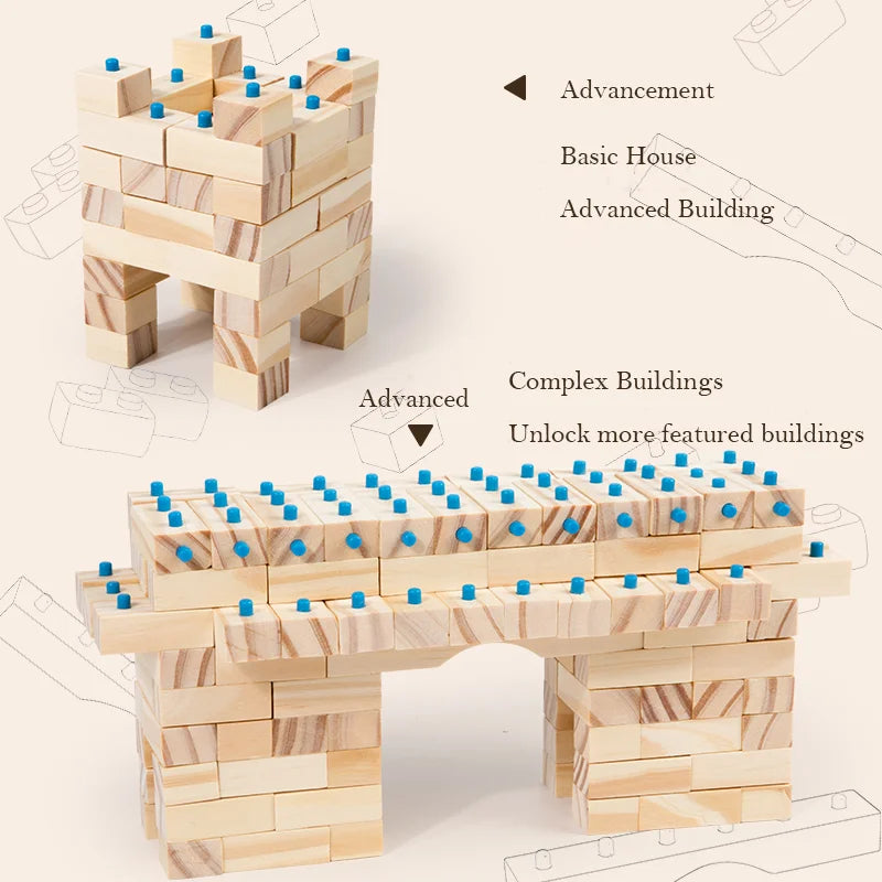 The Little Architect Wooden Building Blocks: Montessori educational toy for kids. Durable natural wood, available in 100, 200, or 300-piece sets.