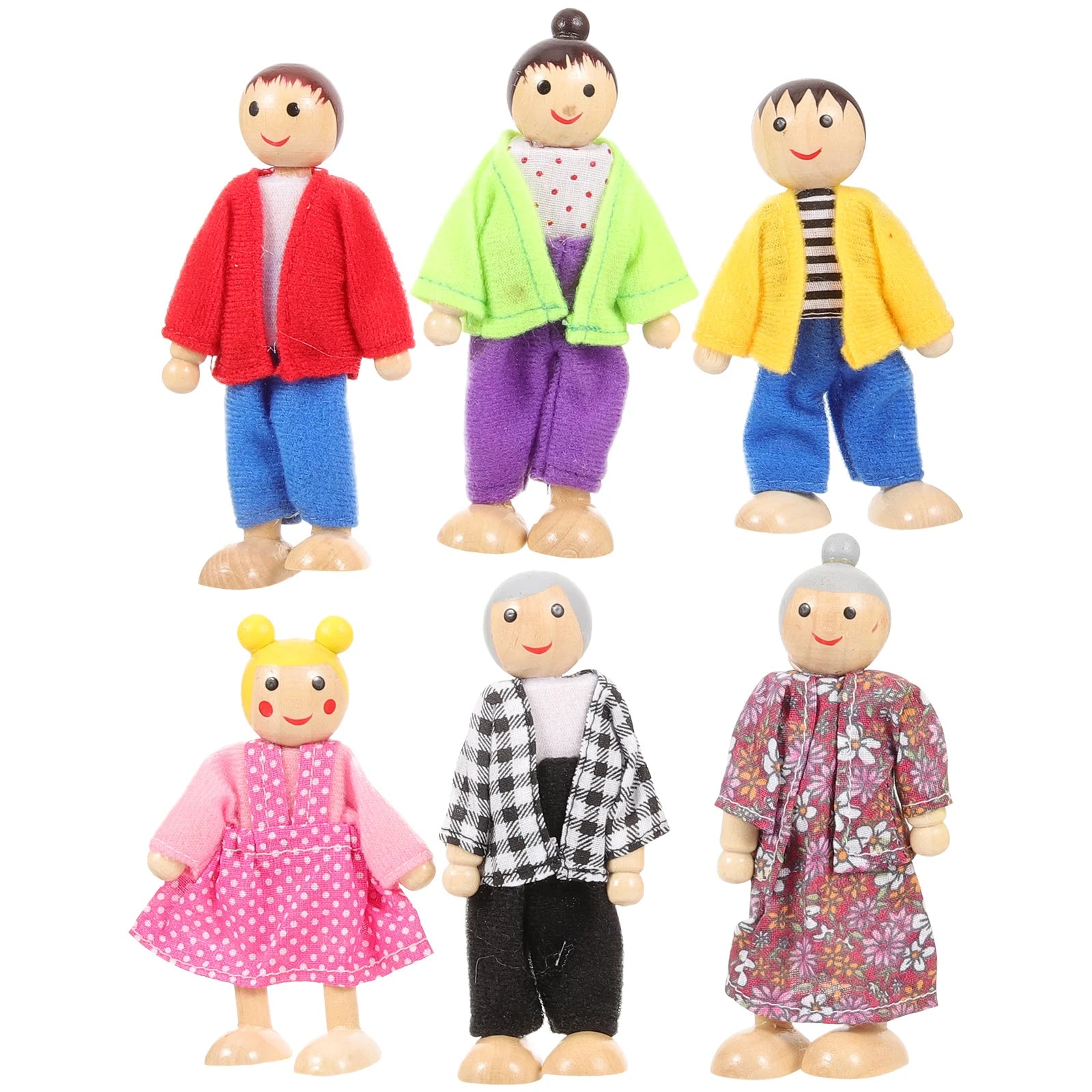 Set of toy figures in colorful clothing on a white background