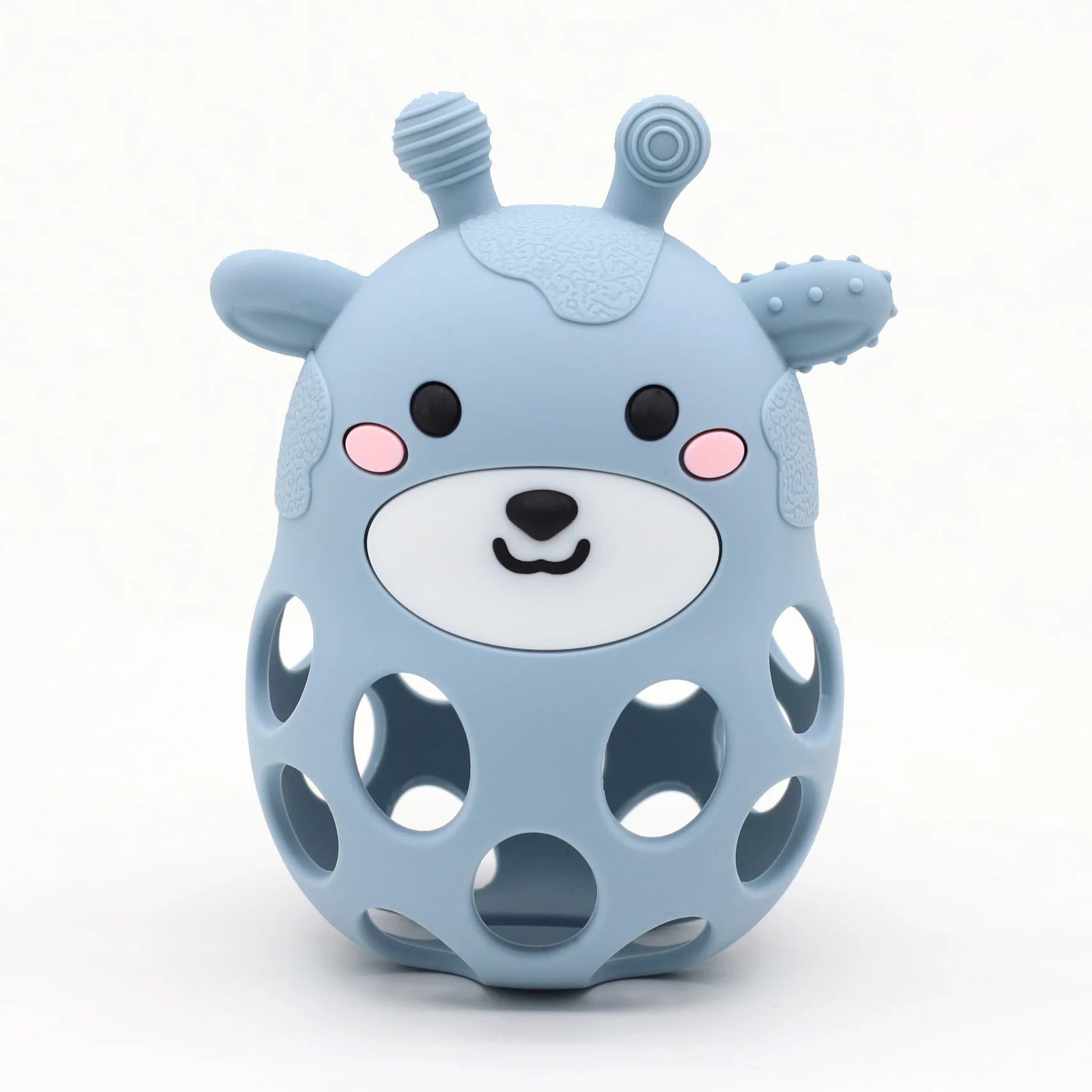 Blue bear-shaped toy with a white face on a white background