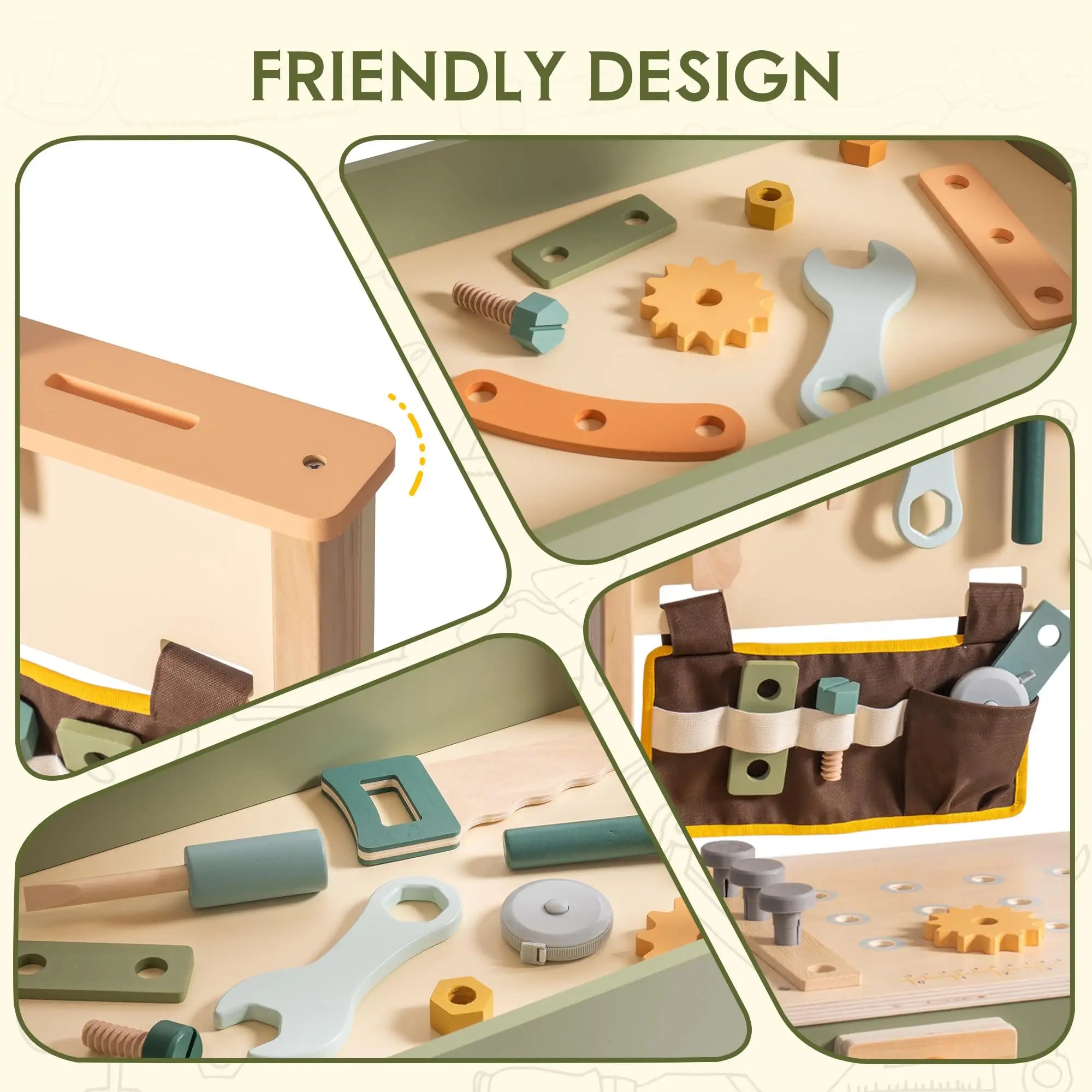 Collage of a wooden tool set with various tools and components on a beige background.