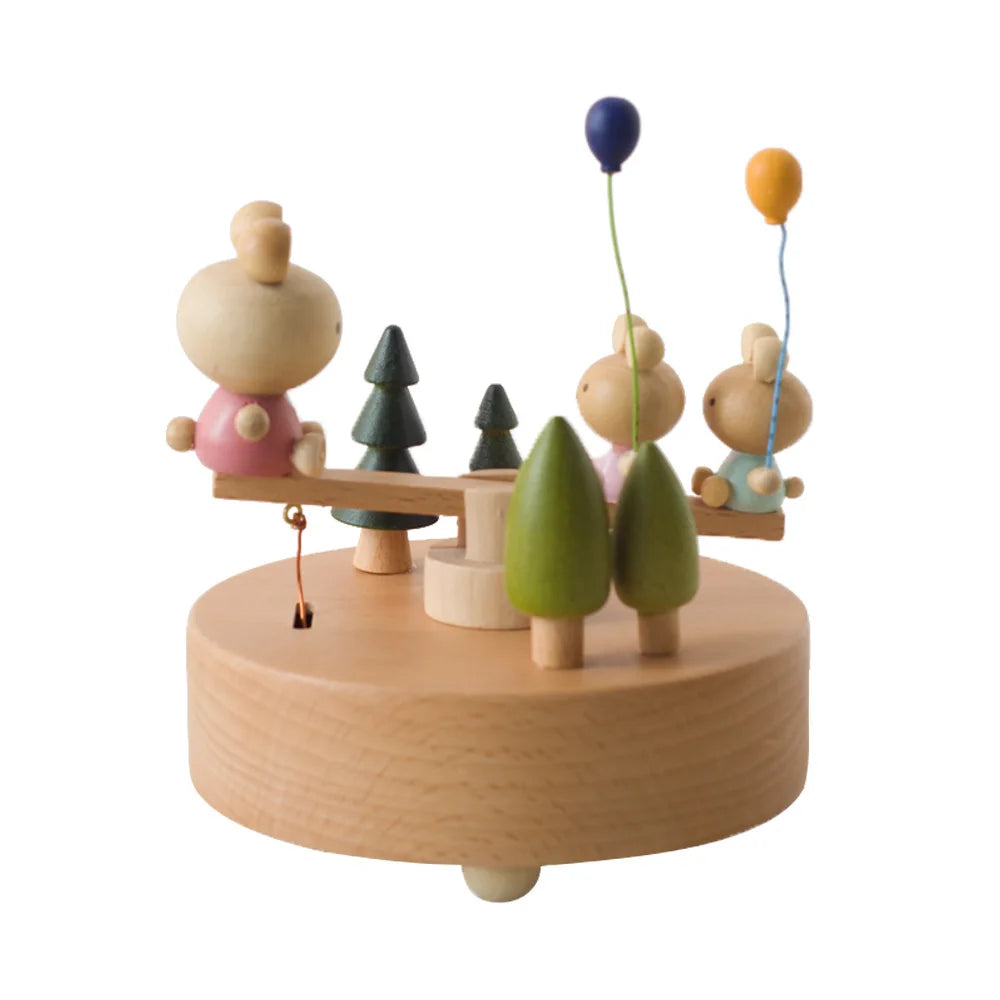 Wooden toy set with children and trees on a white background