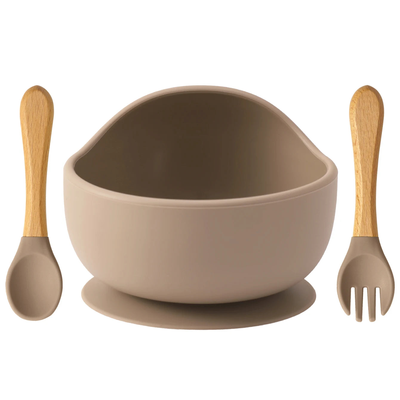 Taupe silicone suction bowl with wooden spoon and fork