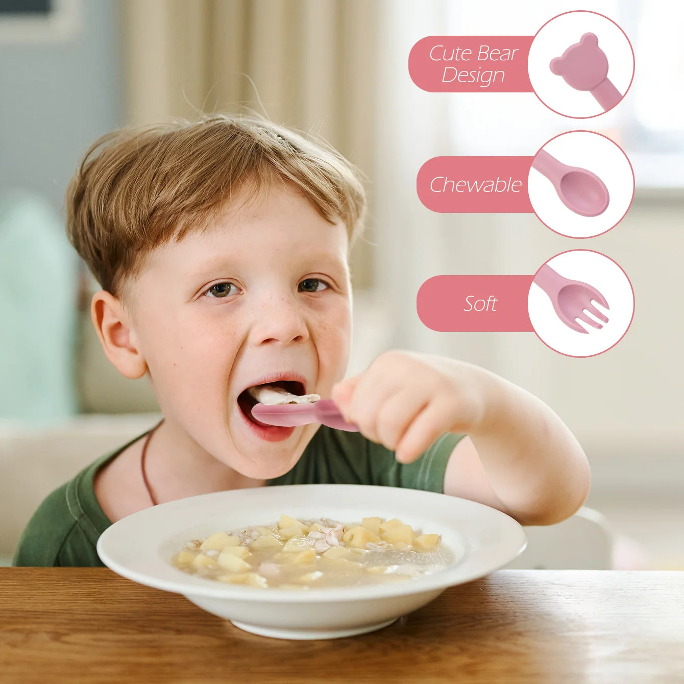 Bear spoon used at mealtime with soft, chewable silicone