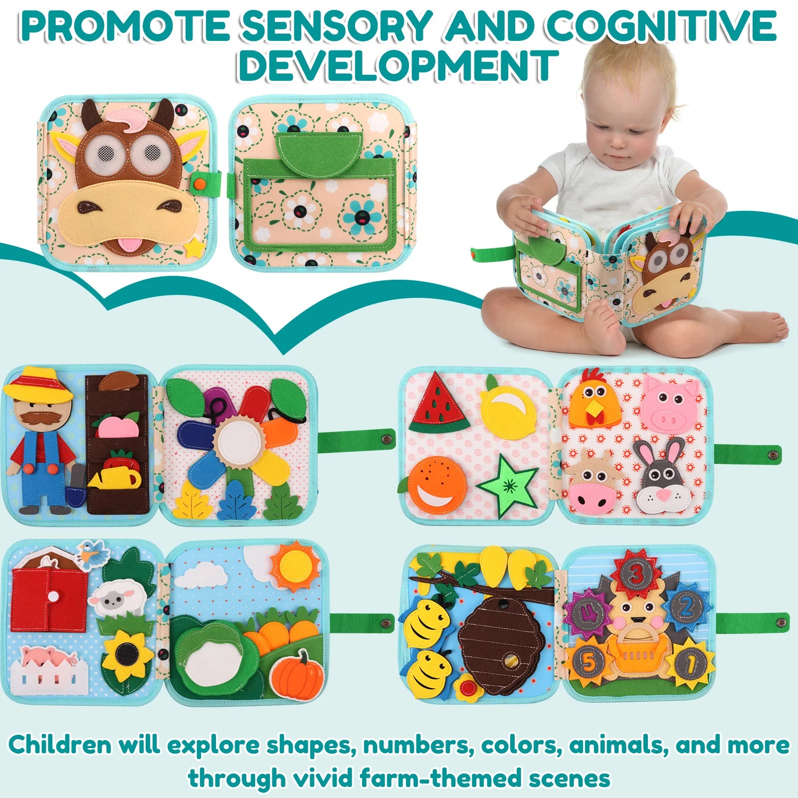 Children's soft book with farm-themed scenes, promoting sensory and cognitive development.